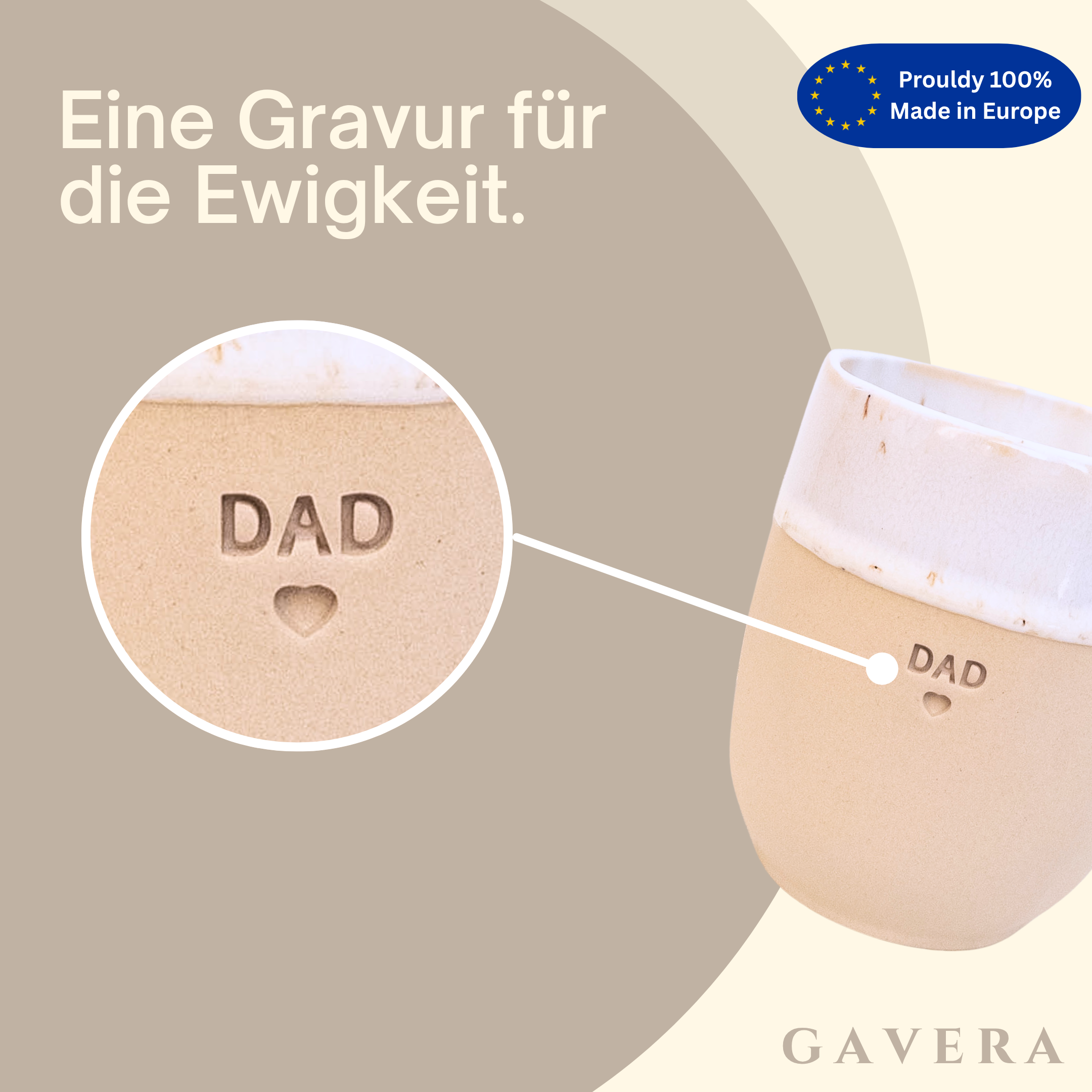 Nahaufnahme der Gravur „DAD" mit Herz im unglasierten Steingut – persönliches Geschenk zum Papa-Geburtstag