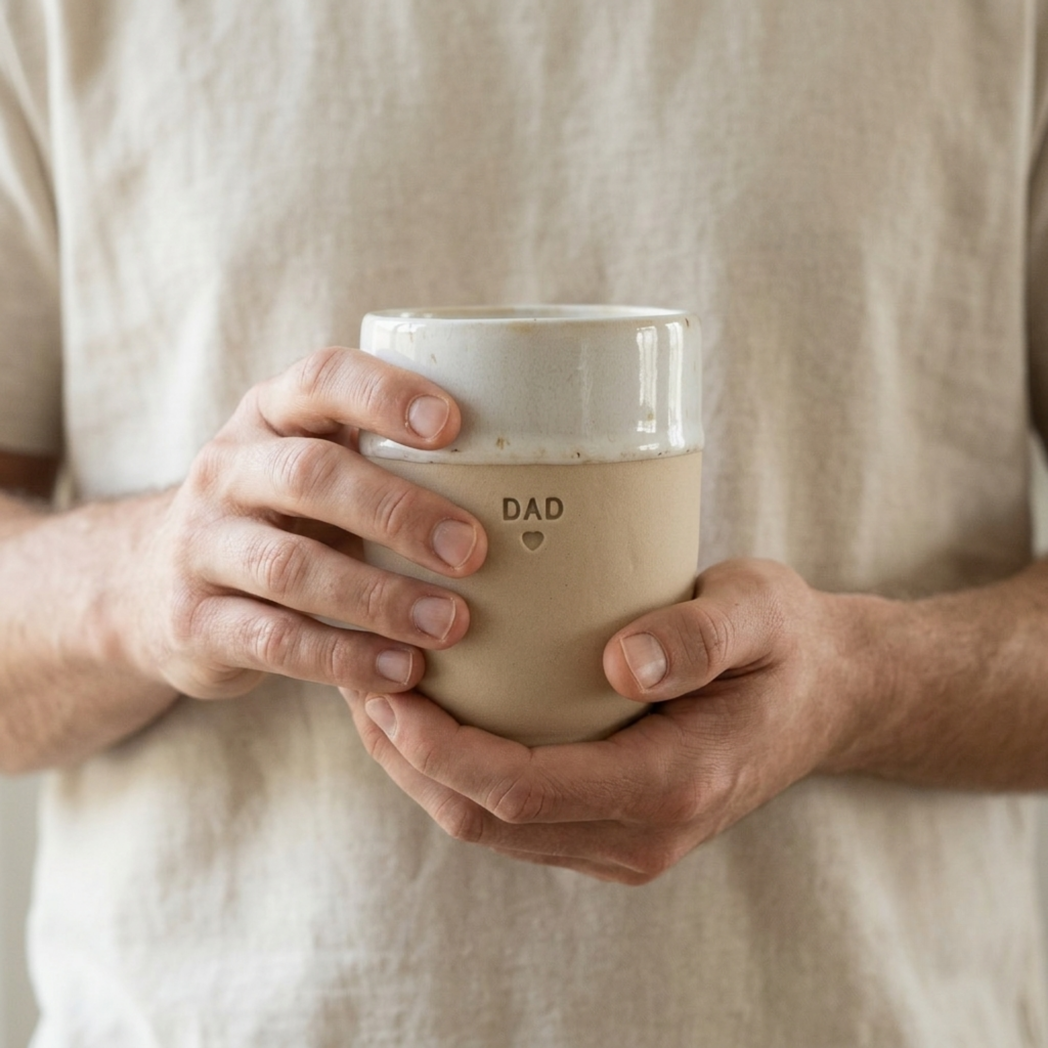Steingut-Becher DAD in Speckled White mit weißer reaktiver Glasur, dekoriert neben einer Vase mit Pampasgras – Gravur „DAD" mit Herz, handgefertigt in Portugal
