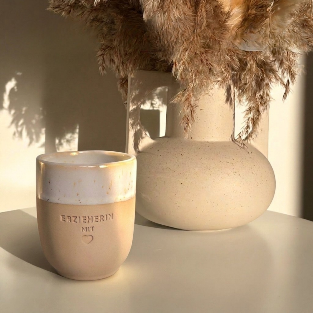 Steingut-Becher in Speckled White neben einer Vase mit Pampasgras – Gravur „Erzieherin mit Herz", Abschiedsgeschenk für die Erzieherin