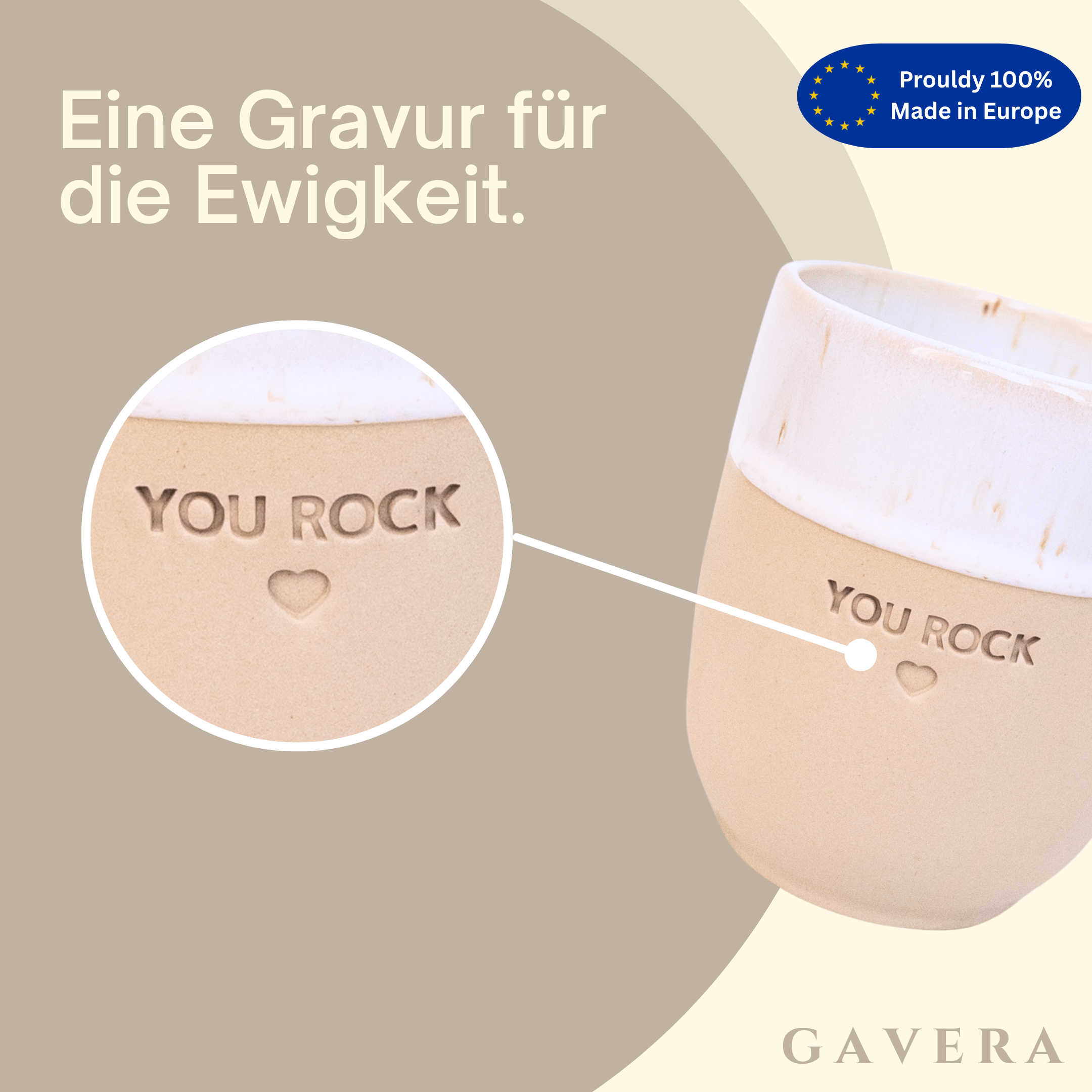 Nahaufnahme der Gravur „YOU ROCK" mit Herz im unglasierten Steingut – persönliches Abitur- und Dankeschön-Geschenk
